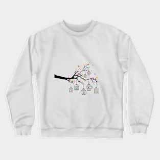 tree branch with birds and birdcages Crewneck Sweatshirt